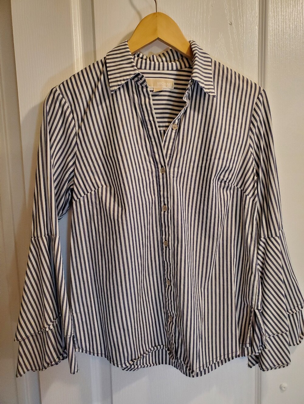 Michael Kors Blue and White Vertical Stripe Button-Down With Ruffle Sleeves